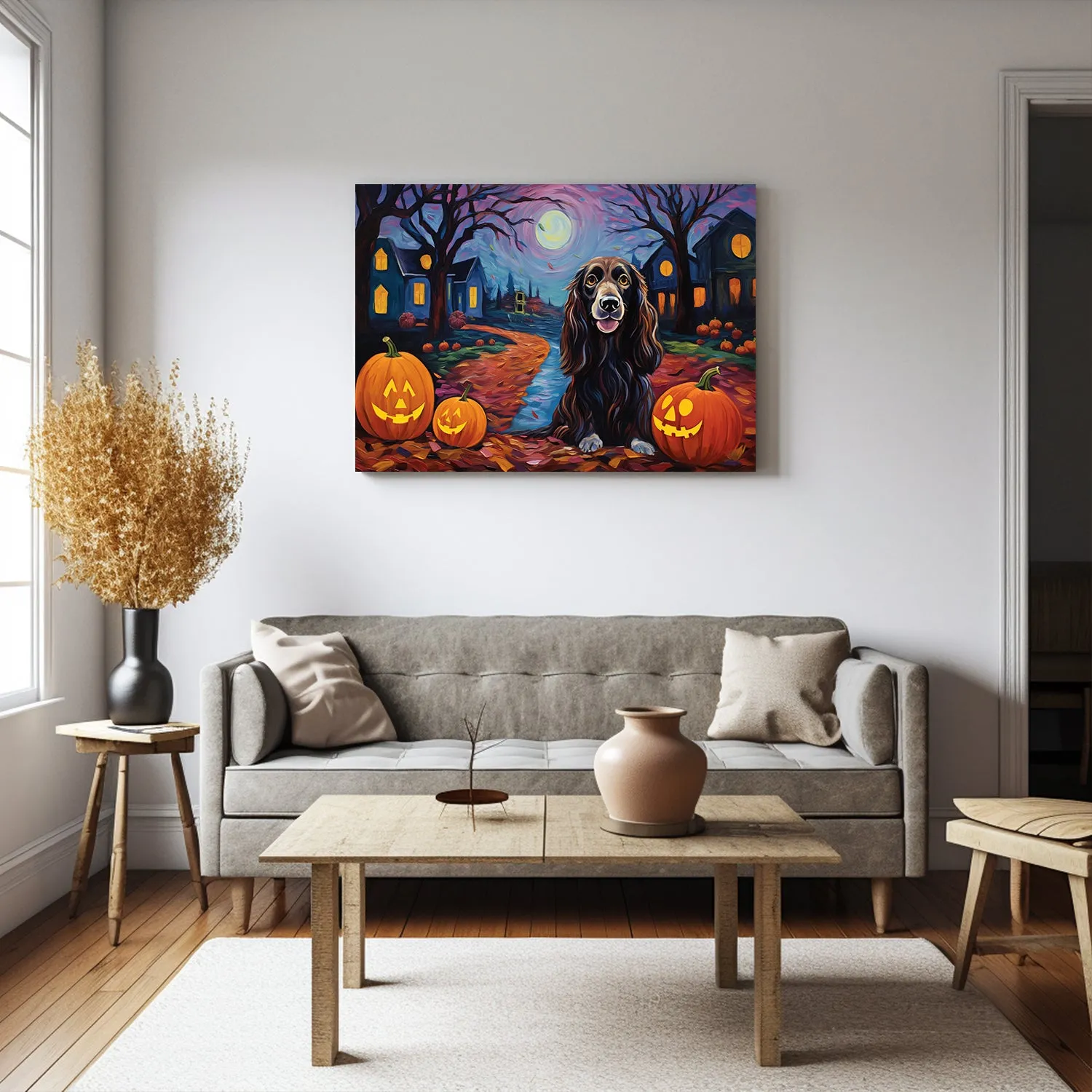Gordon Setters Dog Halloween With Pumpkin Oil Painting Van Goh Style, Wooden Canvas Prints Wall Art Painting , Canvas 3d Art
