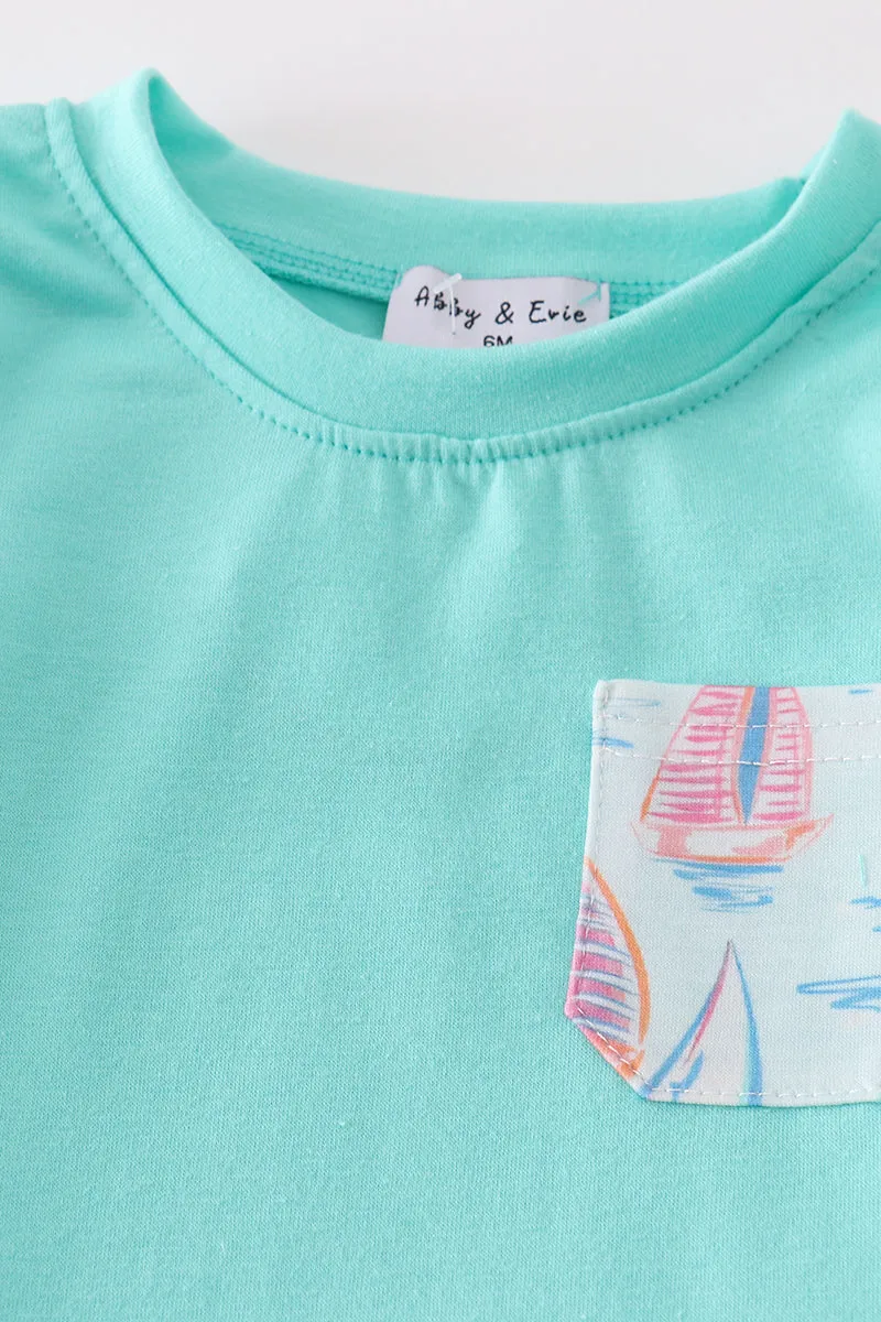 Green Sailboat Print Boy Bloomer Set
