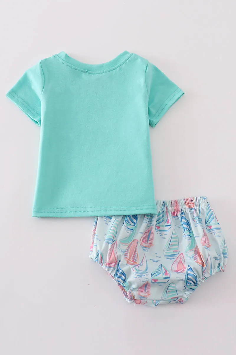 Green Sailboat Print Boy Bloomer Set