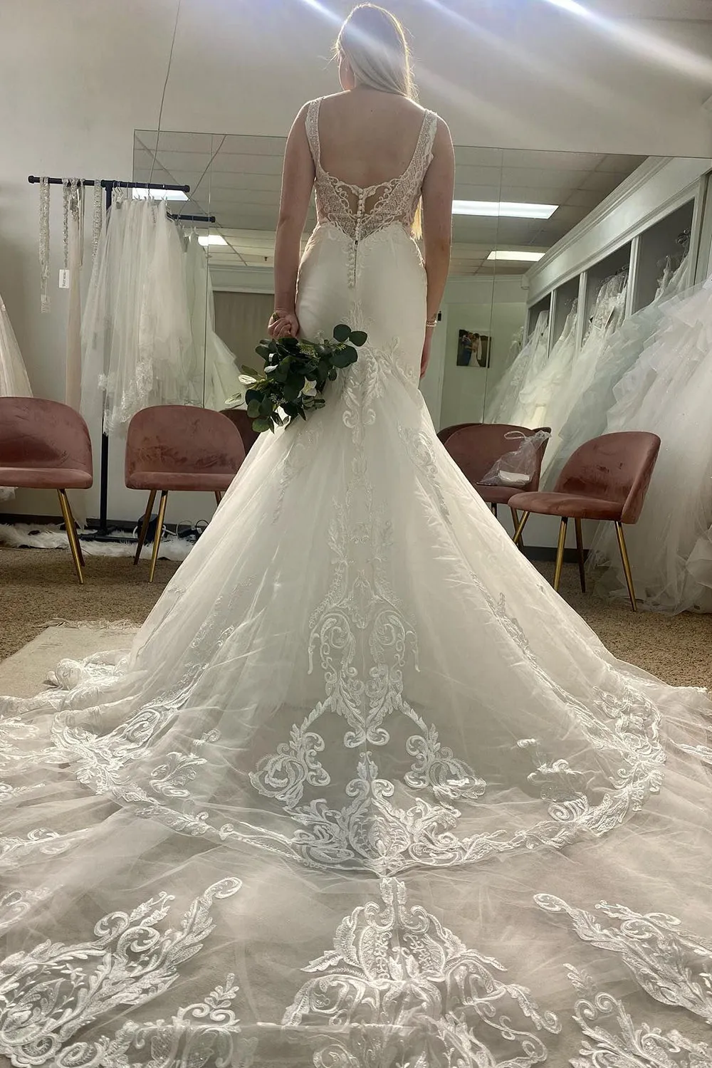 Joelle | Deep V-Neck Mermaid White Long Wedding Dress with Lace