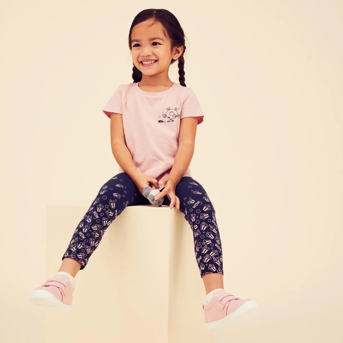 Kids' Basic Cotton Leggings - Pink with Motifs
