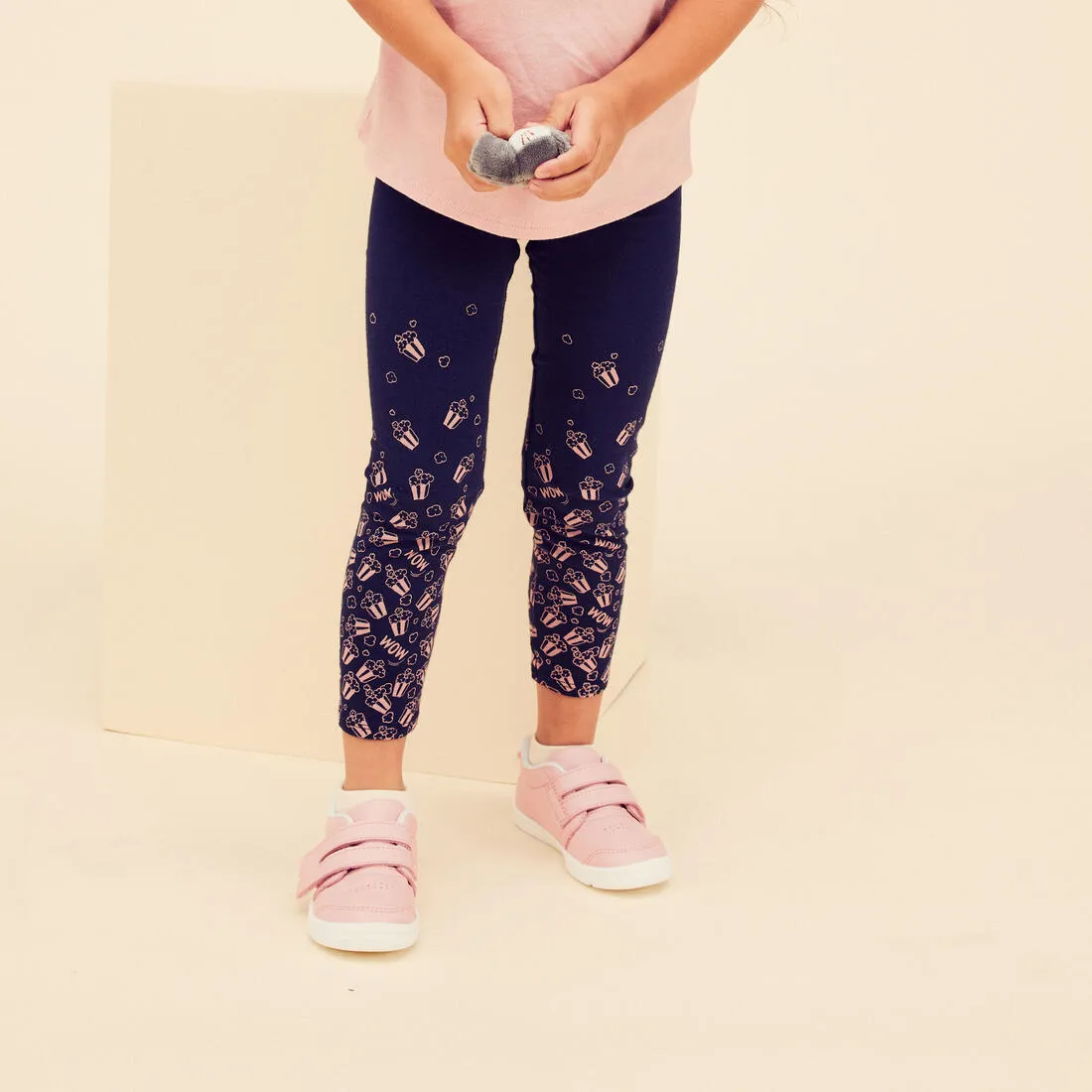 Kids' Basic Cotton Leggings - Pink with Motifs