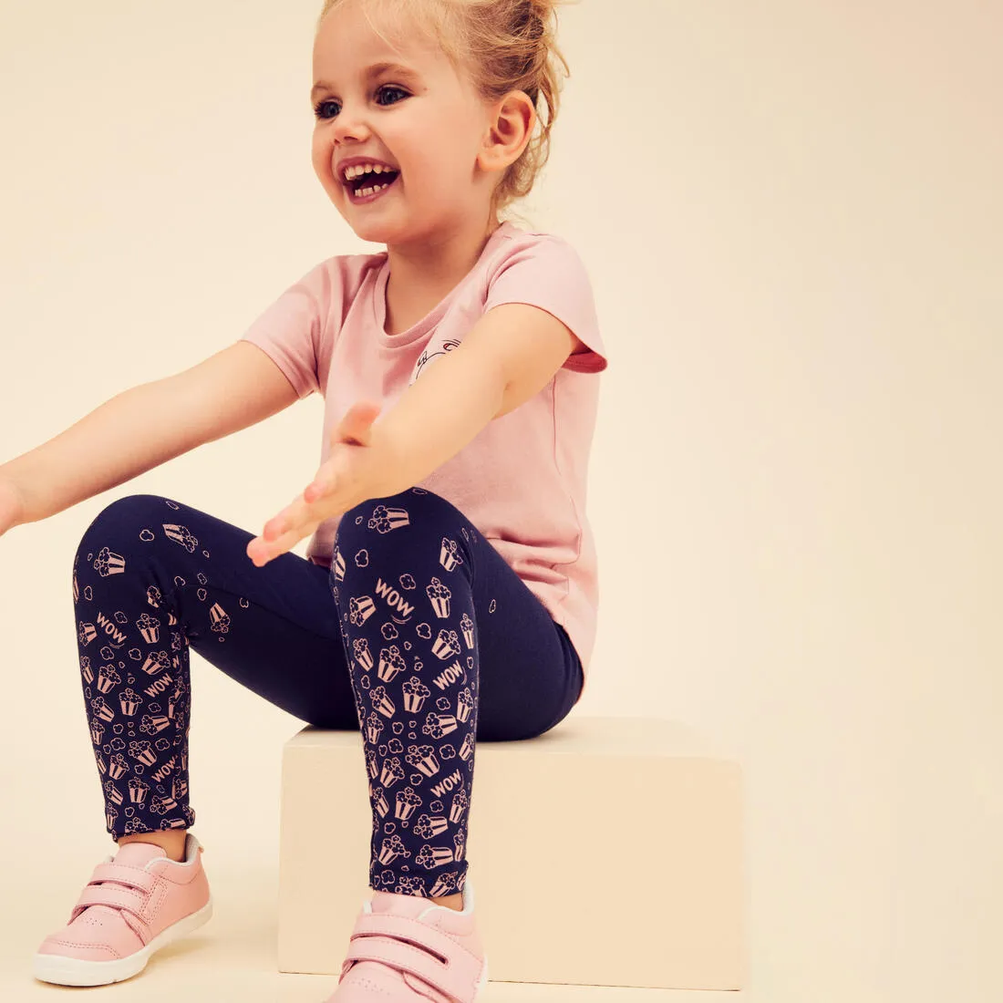 Kids' Basic Cotton Leggings - Pink with Motifs