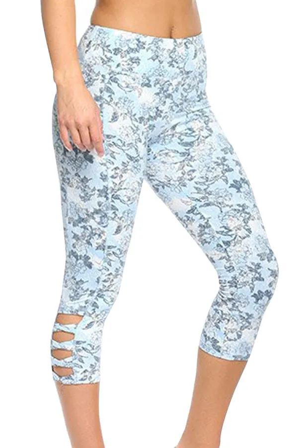 Light Blue Print Crisscross Detail Leggings