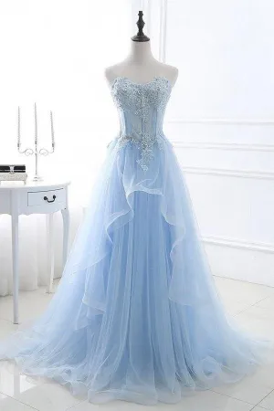 Light Blue Tulle A-line Floor Length Sweetheart Prom Dresses, Party Dress, MP874