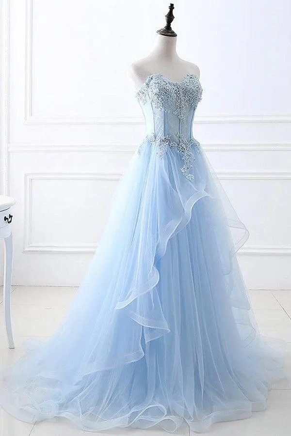 Light Blue Tulle A-line Floor Length Sweetheart Prom Dresses, Party Dress, MP874