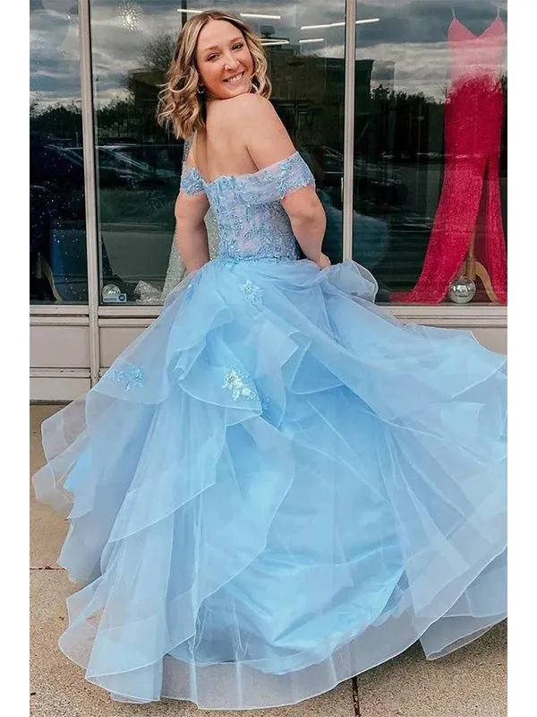 Light Blue Tulle Off-the-Shoulder Tiered A-Line Prom Evening Dress, OL675