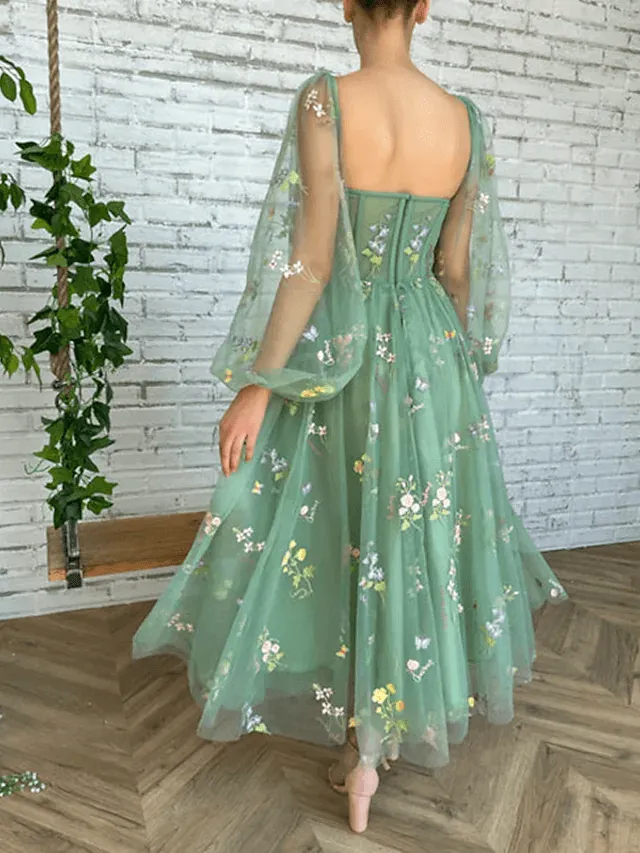 Long Sleeves Light Green Embroidered Tulle Prom Dress Corset
