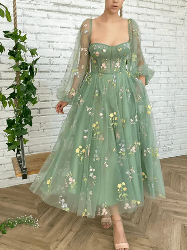 Long Sleeves Light Green Embroidered Tulle Prom Dress Corset