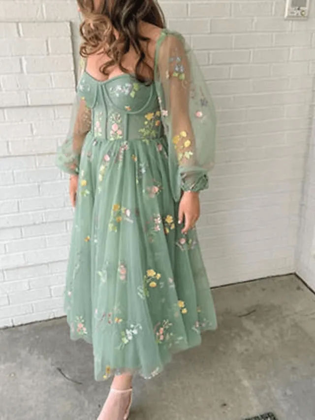 Long Sleeves Light Green Embroidered Tulle Prom Dress Corset