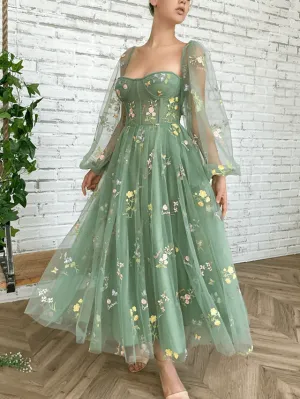 Long Sleeves Light Green Embroidered Tulle Prom Dress Corset