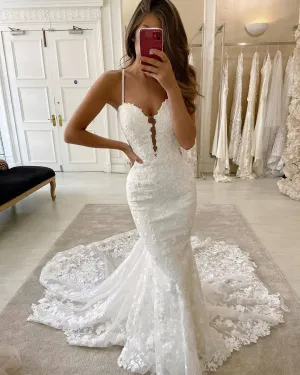 Mermaid Lace White Wedding Dresses Spaghetti Straps