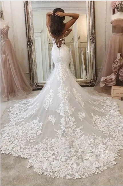 Mermaid Lace White Wedding Dresses Spaghetti Straps