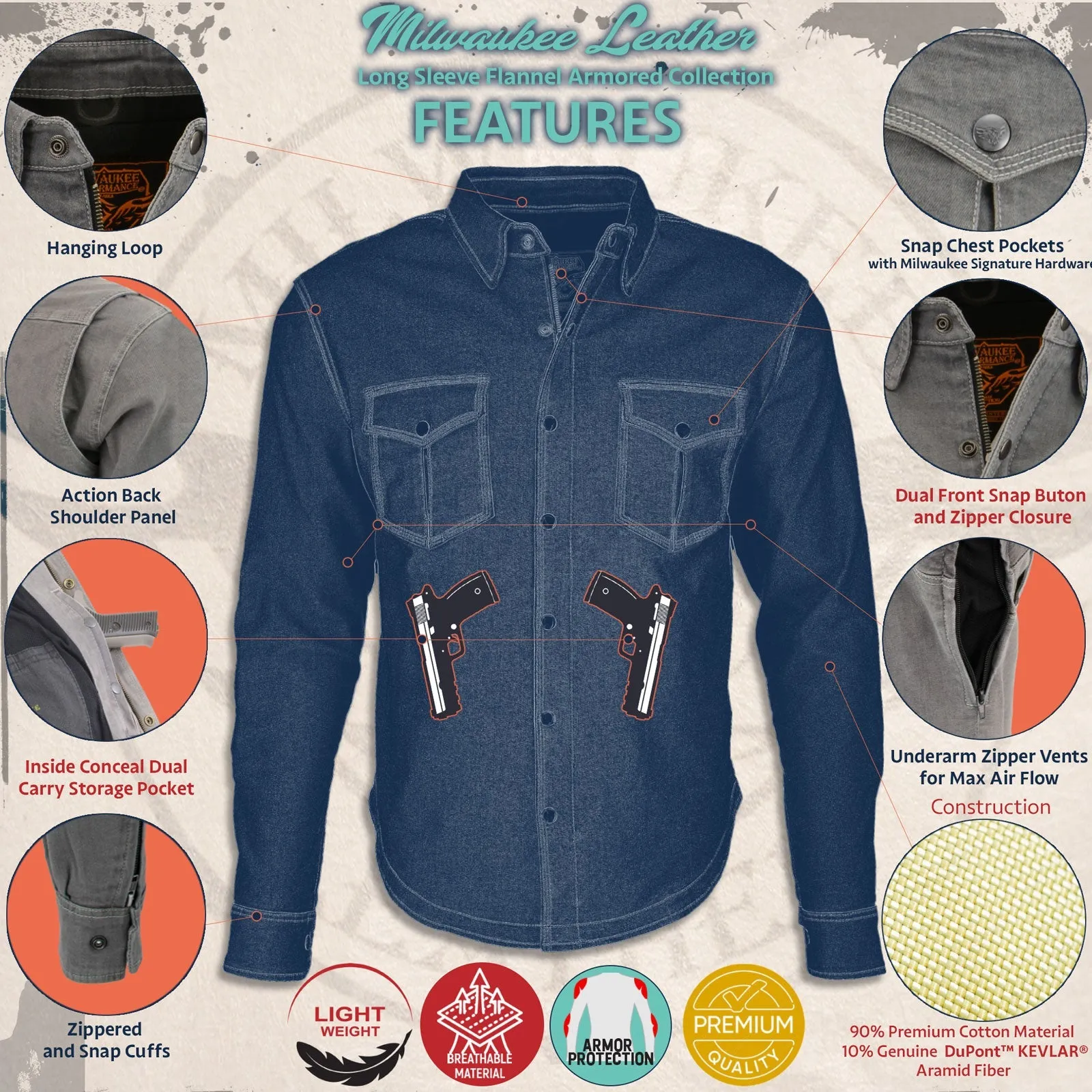 MPM1633 Men's Plaid Flannel Biker Shirt with CE Approved Armor - Reinforced w/ Aramid Fiber