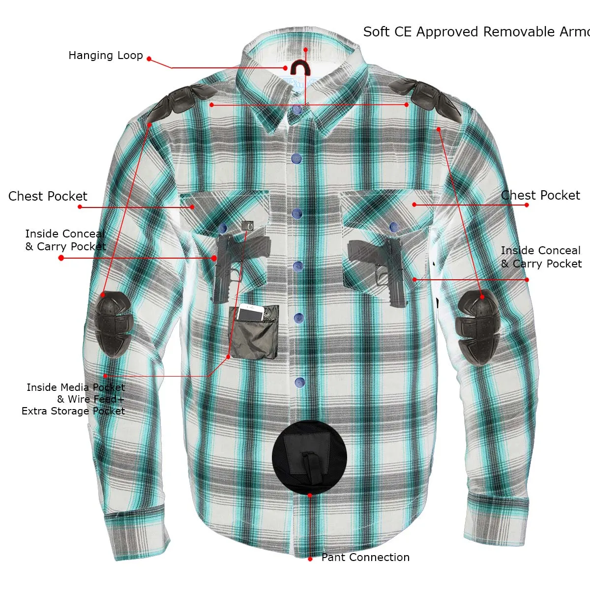 MPM1633 Men's Plaid Flannel Biker Shirt with CE Approved Armor - Reinforced w/ Aramid Fiber