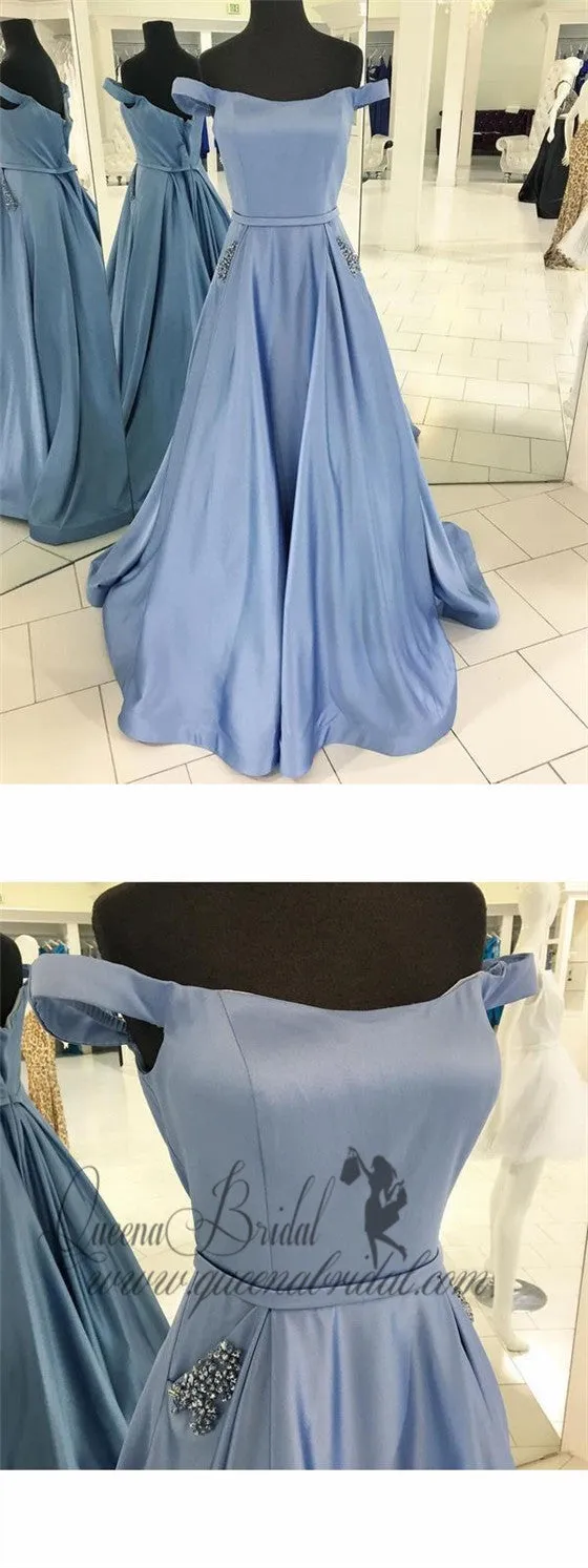 Off the Shoulder A-line Satin with Beaded Formal Long Cheap Prom Dresses, QB0289