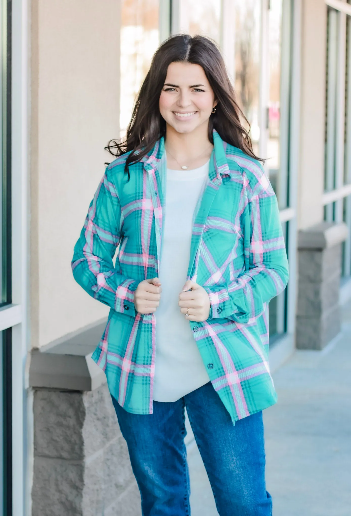 On My Way Flannel in Teal/Pink