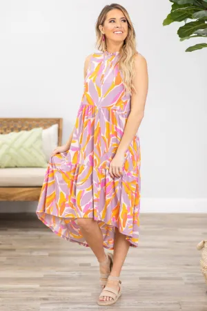 Orange and Pink Geometric Print Midi Dress
