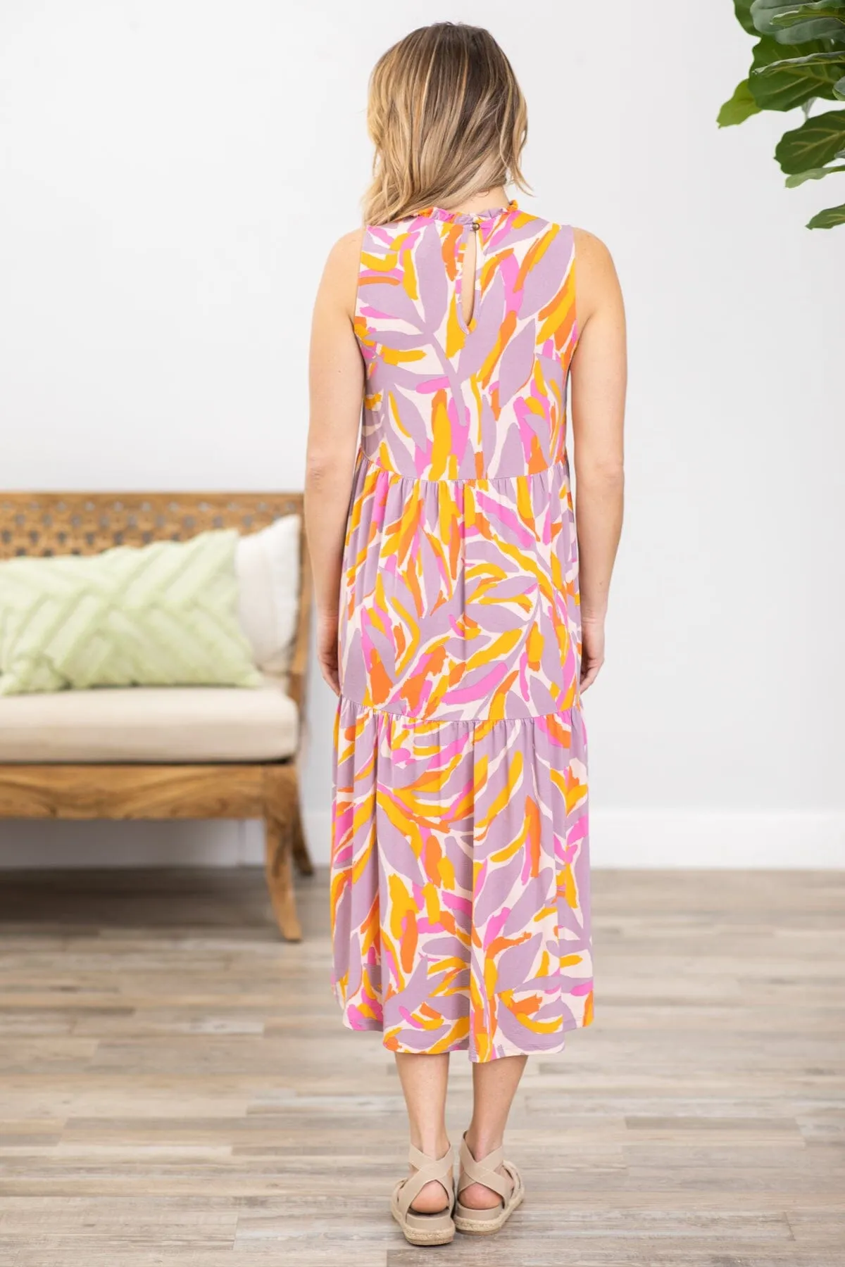Orange and Pink Geometric Print Midi Dress