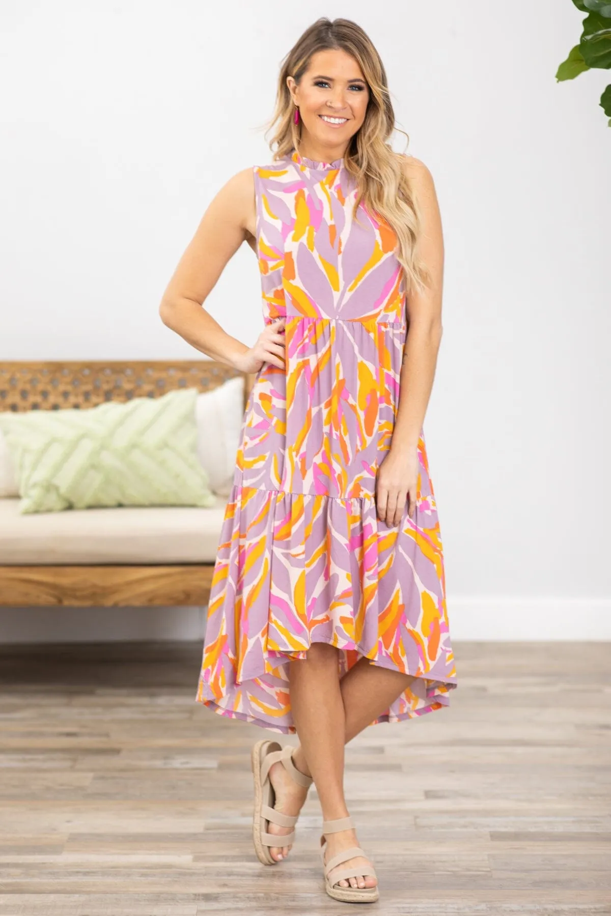 Orange and Pink Geometric Print Midi Dress