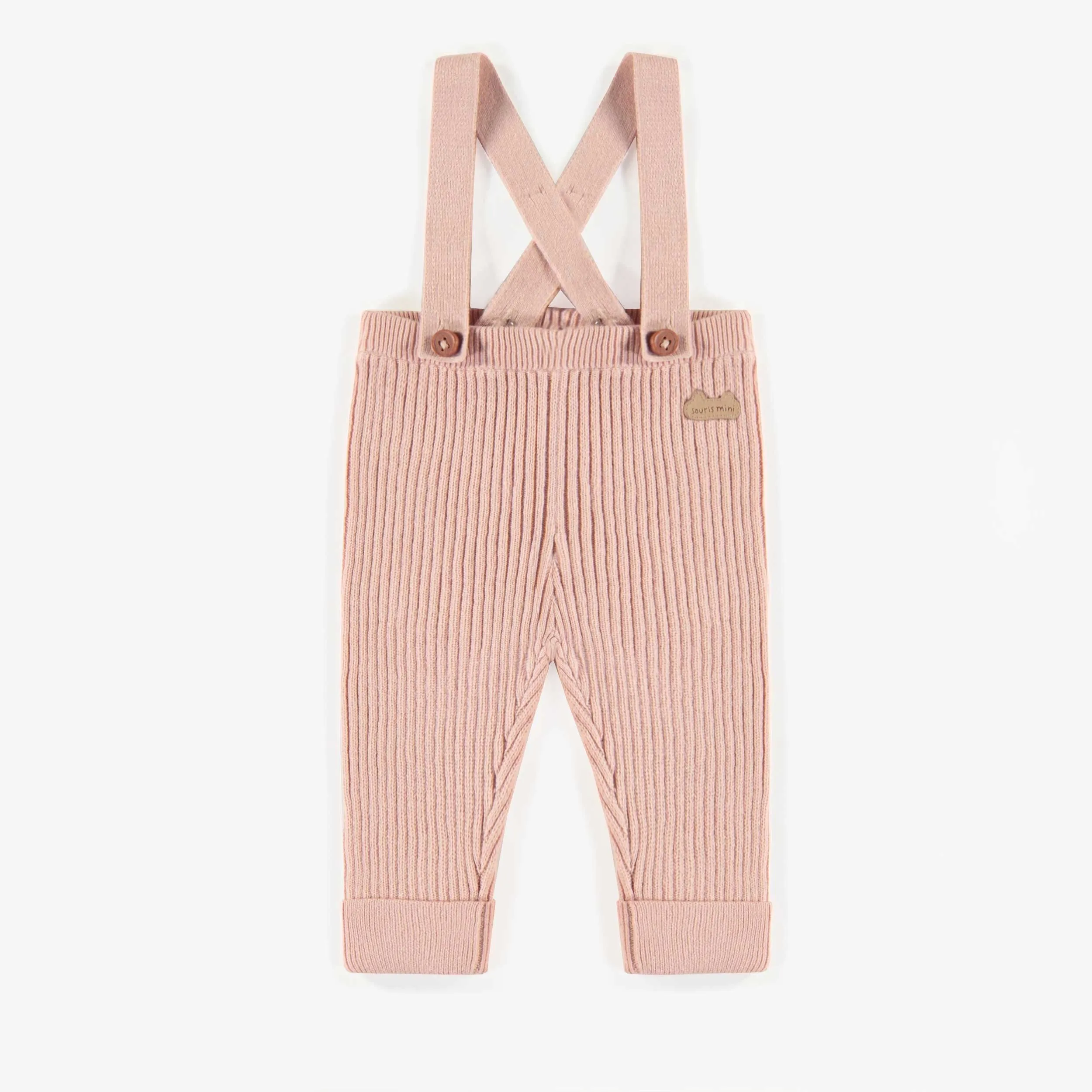 Pantalon de maille rose pâle avec bretelles, naissance || Light pink knitted pants with straps, newborn