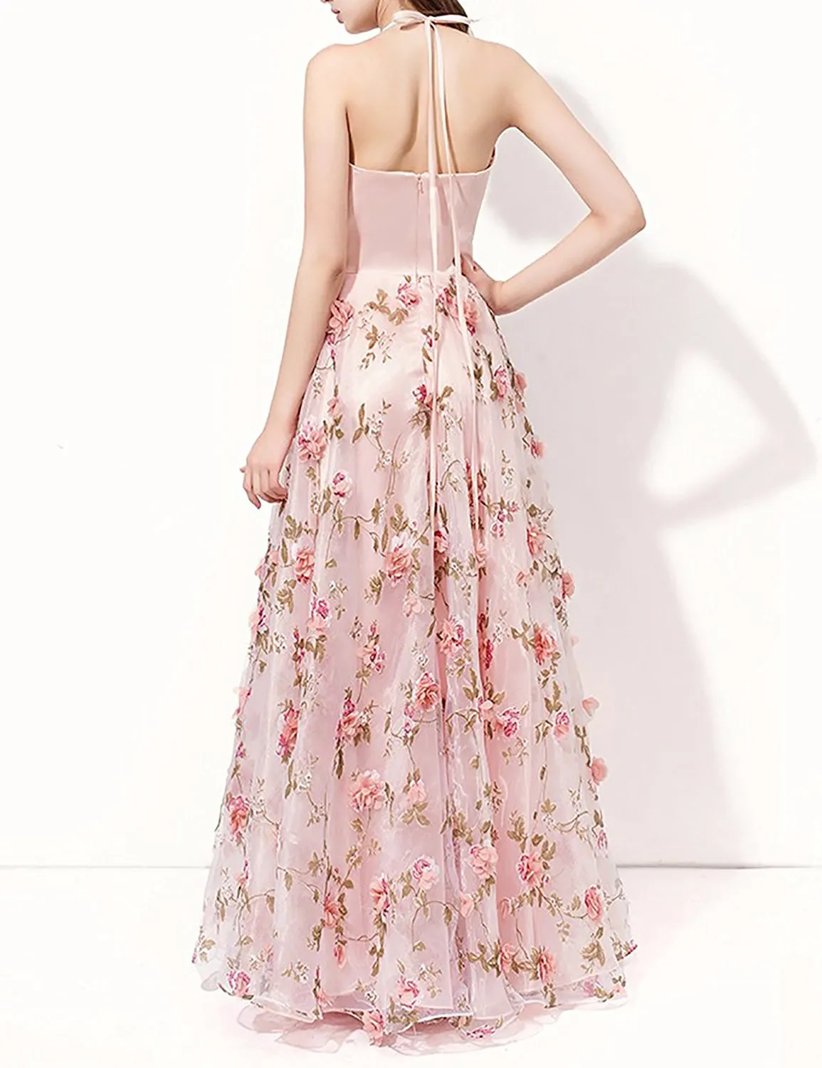 Pink Sleeveless Halter Flower Prom Dress