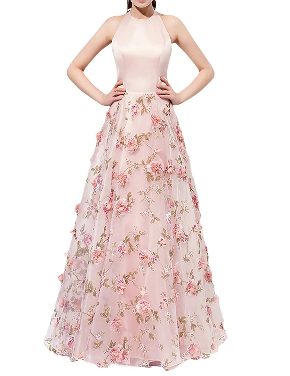 Pink Sleeveless Halter Flower Prom Dress