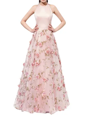 Pink Sleeveless Halter Flower Prom Dress