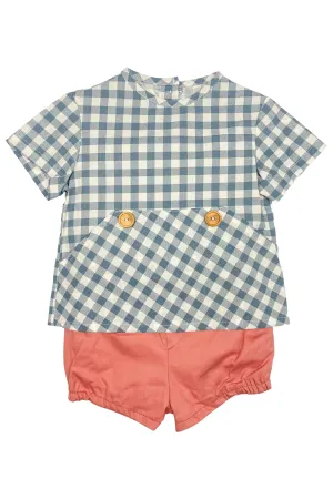 "Wallace" Navy Gingham Shirt & Coral Shorts