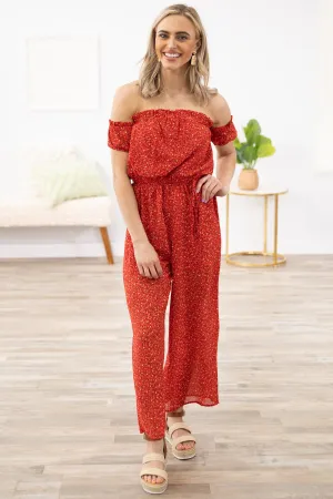 Red Ditsy Floral Off The Shoulder Jumpsuit