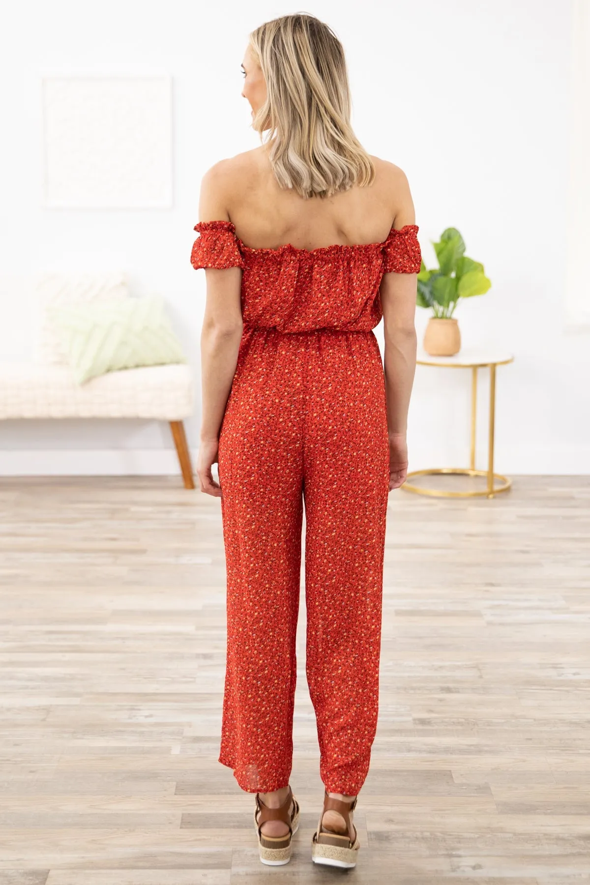 Red Ditsy Floral Off The Shoulder Jumpsuit