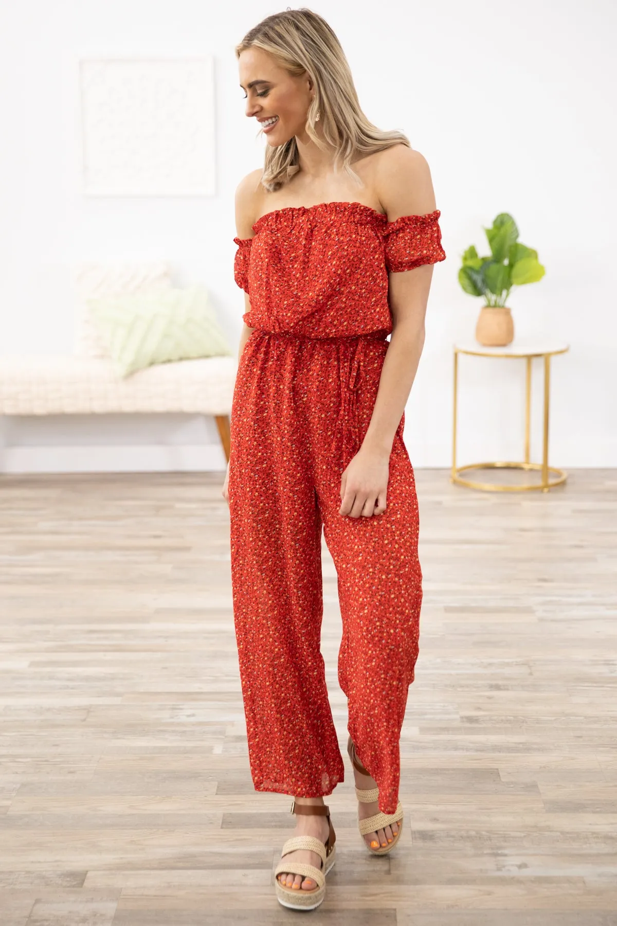 Red Ditsy Floral Off The Shoulder Jumpsuit