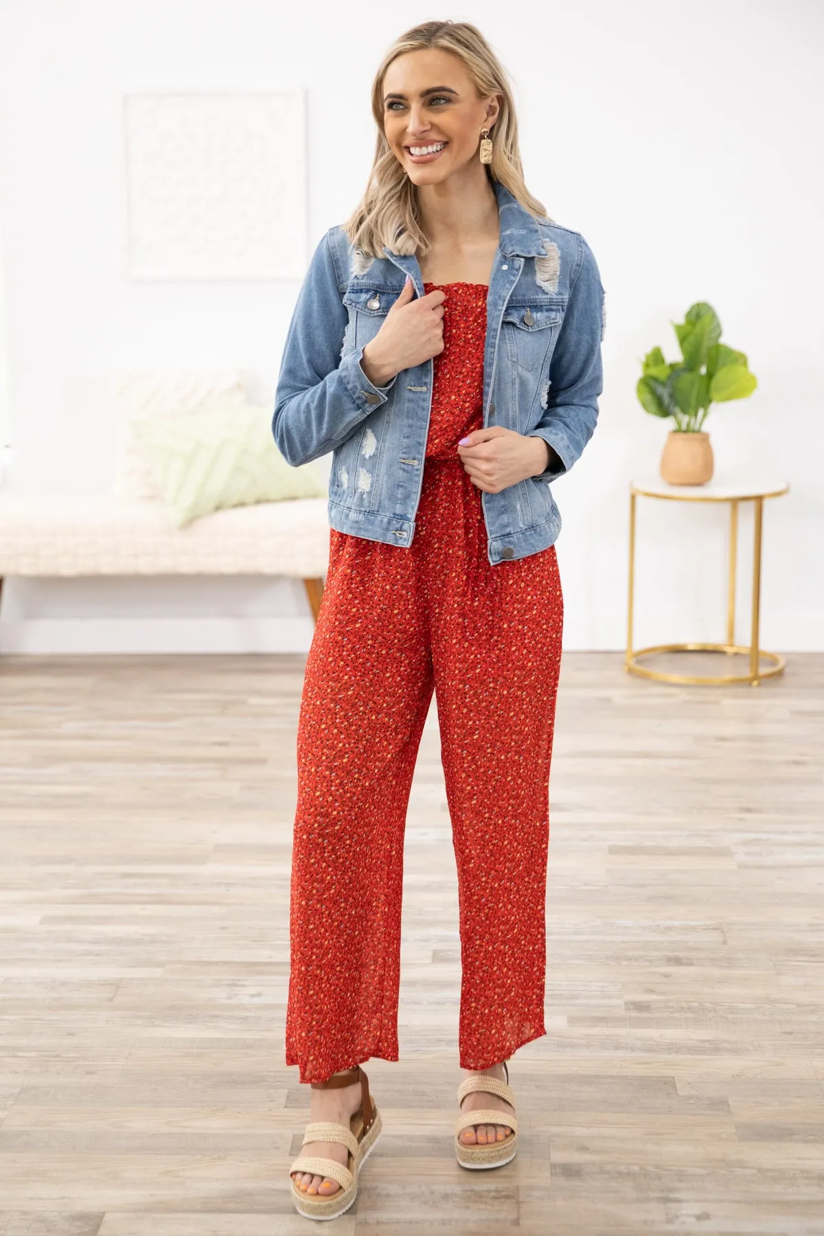 Red Ditsy Floral Off The Shoulder Jumpsuit