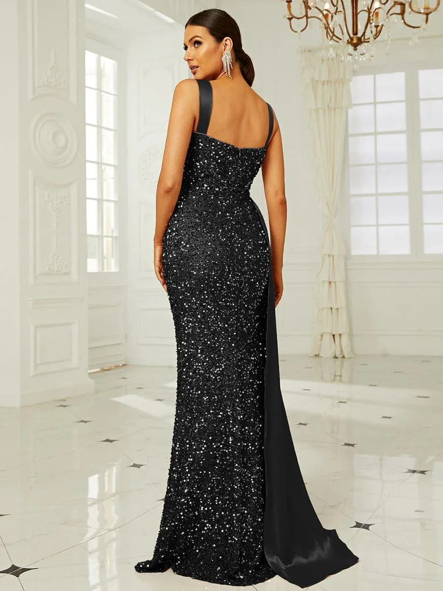 Ribbon Corset Sequin Maxi Prom Dress XH2162