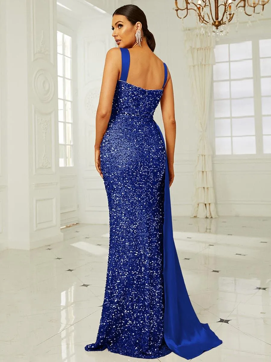 Ribbon Corset Sequin Maxi Prom Dress XH2162