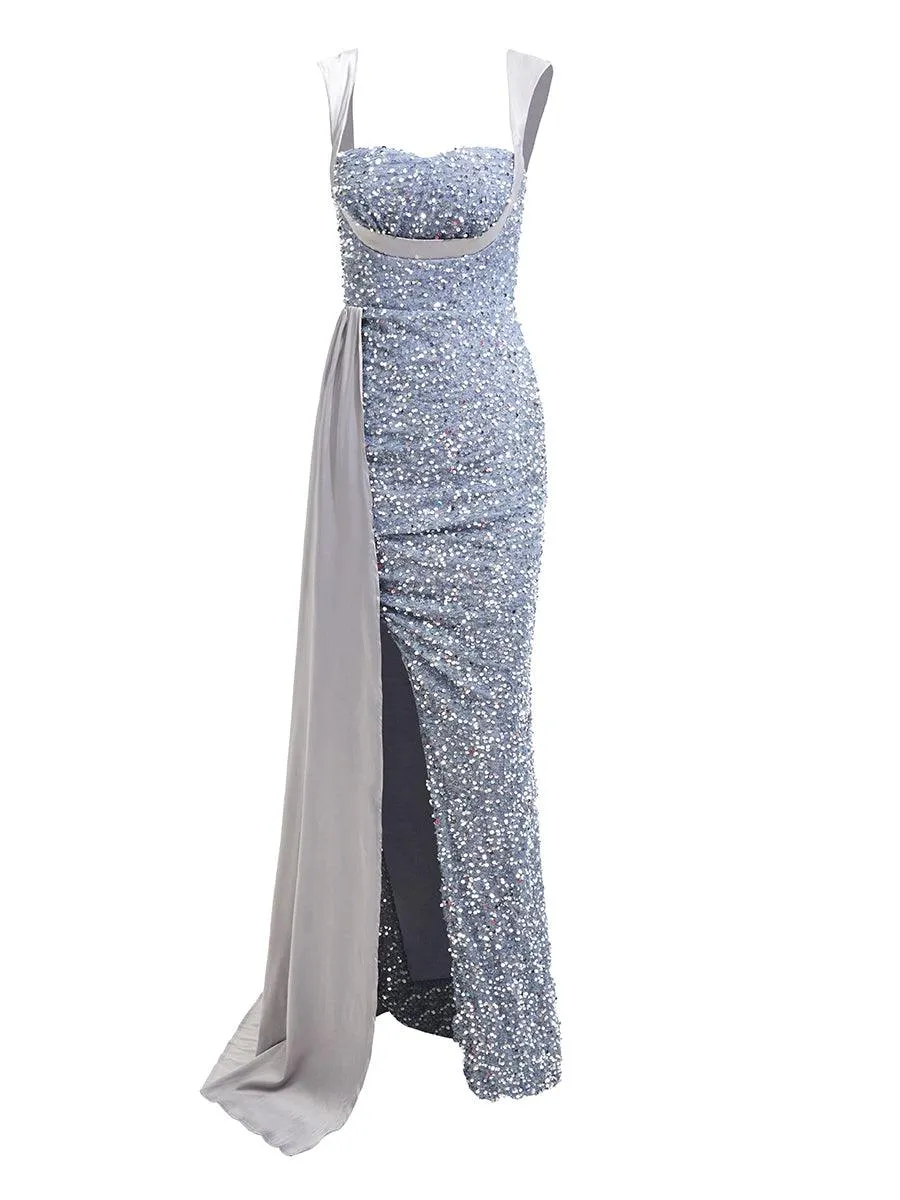 Ribbon Corset Sequin Maxi Prom Dress XH2162