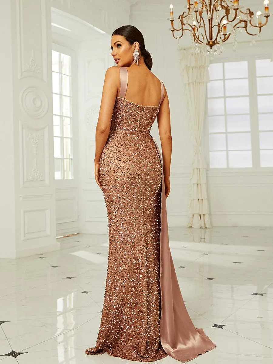 Ribbon Corset Sequin Maxi Prom Dress XH2162