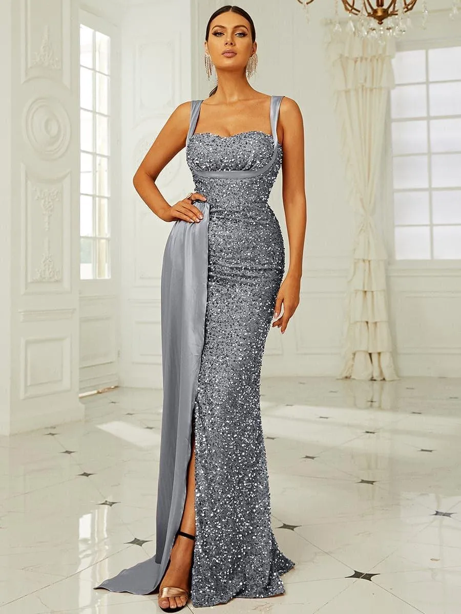 Ribbon Corset Sequin Maxi Prom Dress XH2162