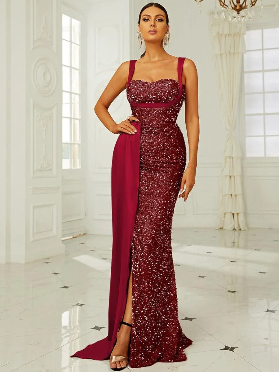 Ribbon Corset Sequin Maxi Prom Dress XH2162