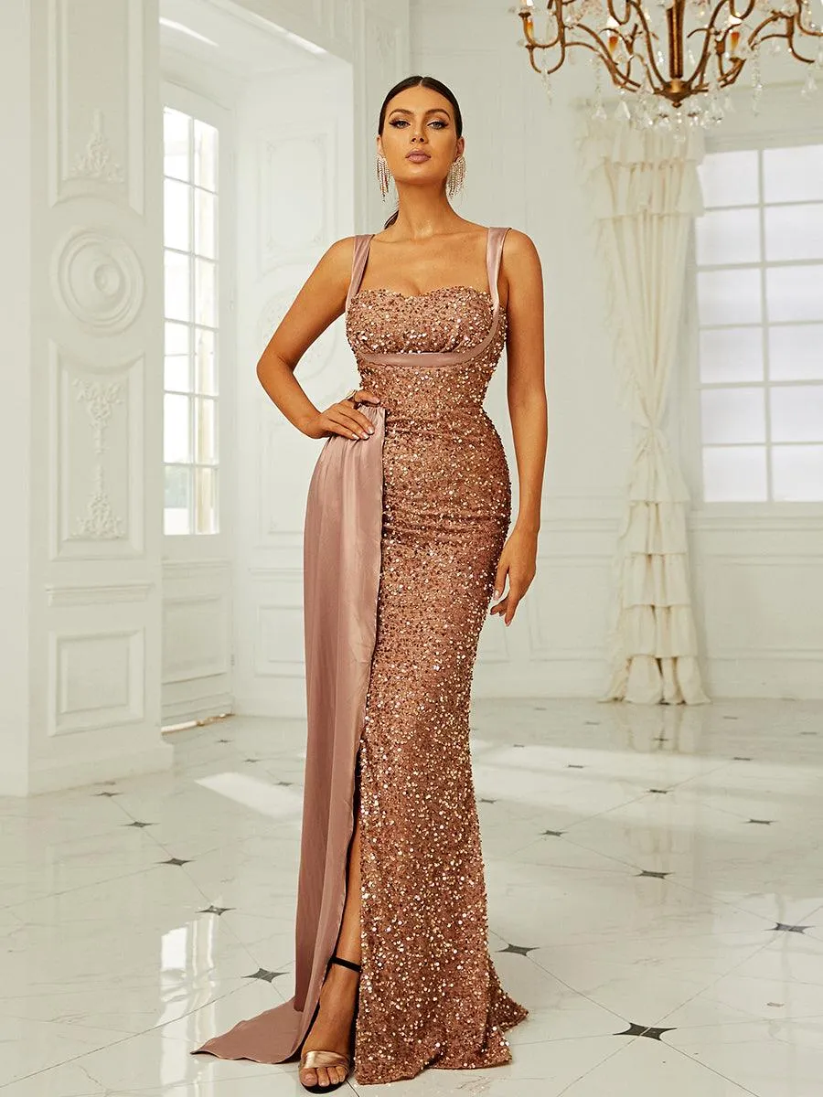 Ribbon Corset Sequin Maxi Prom Dress XH2162