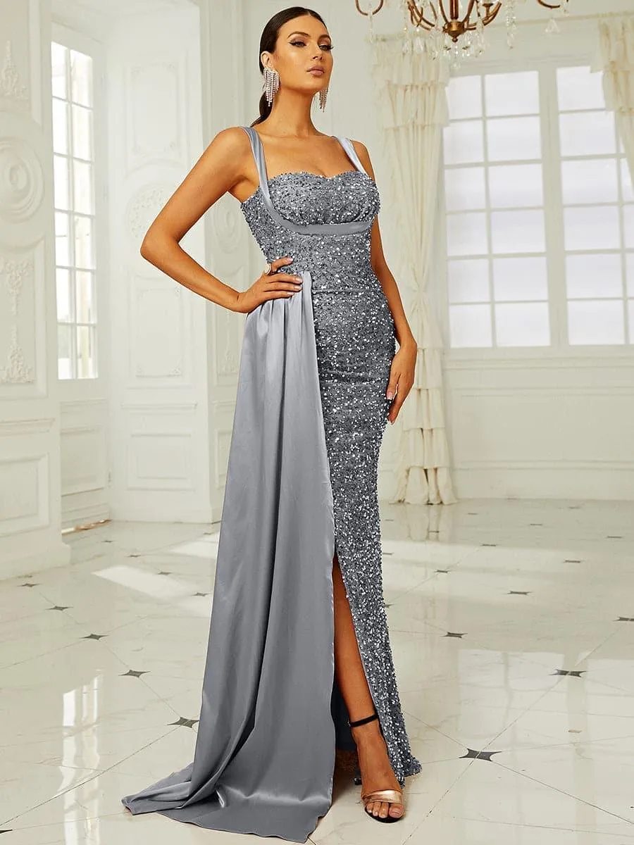 Ribbon Corset Sequin Maxi Prom Dress XH2162