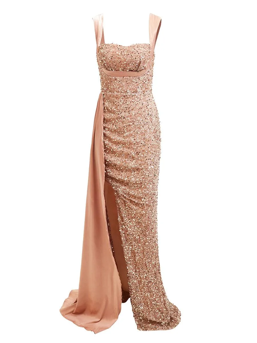 Ribbon Corset Sequin Maxi Prom Dress XH2162