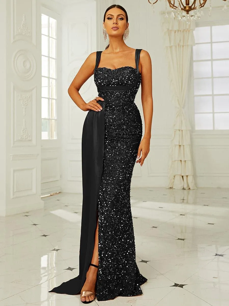 Ribbon Corset Sequin Maxi Prom Dress XH2162