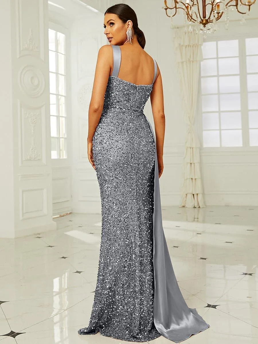 Ribbon Corset Sequin Maxi Prom Dress XH2162