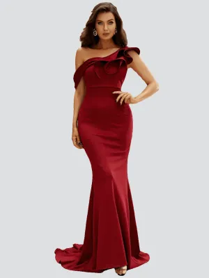 Ruffle Neck Floor Length Red Mermaid Prom Dress M02124