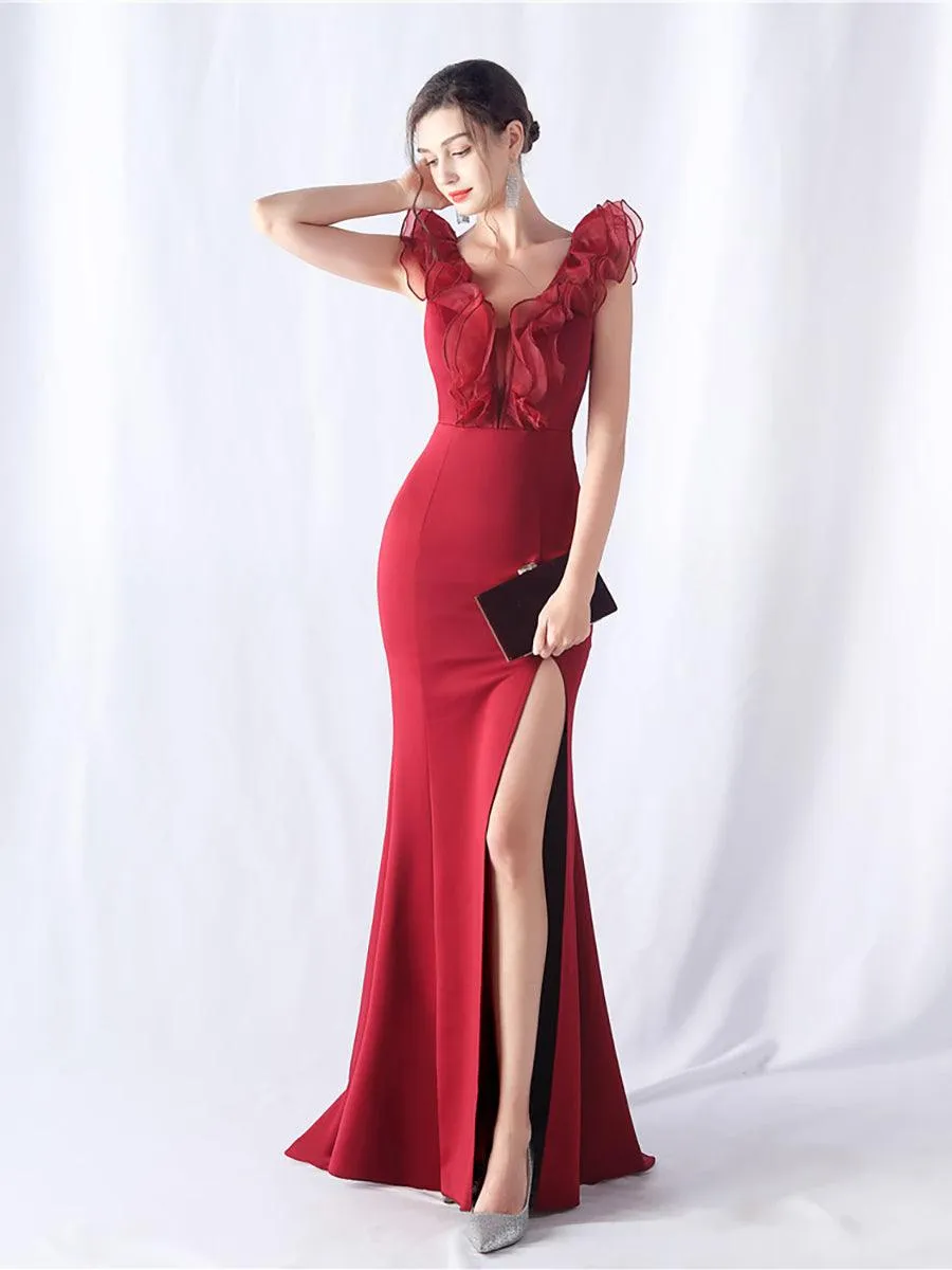 Ruffled Split V-neck Mermaid Prom Dress MYC2010