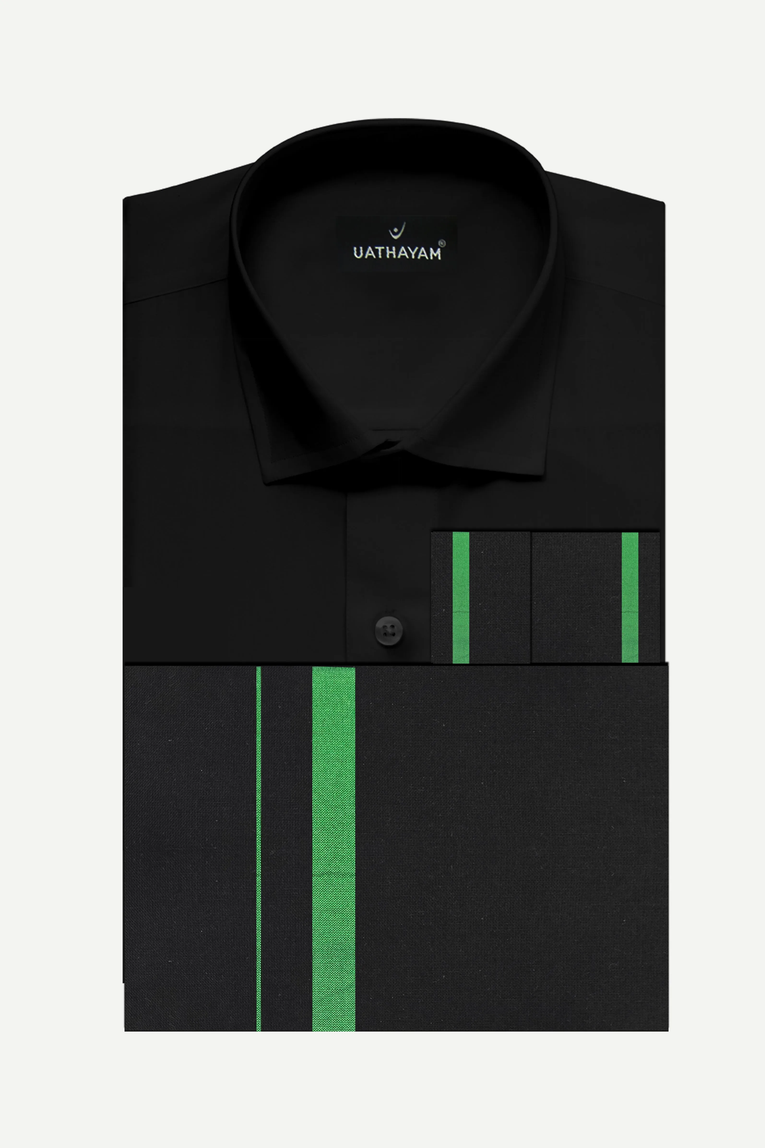 Saranam Set - Black Shirt and Black Dhoti with Green Border 3-in-1 Devotional Set for Men | Uathayam