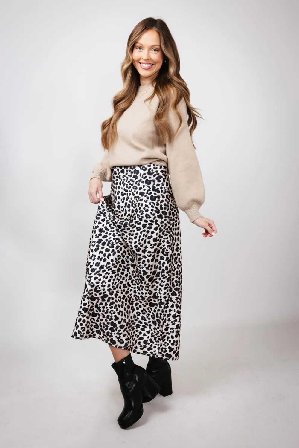 Satin Leopard Print Midi Skirt for Women in Animal Print | MAS3022-LEOPARD