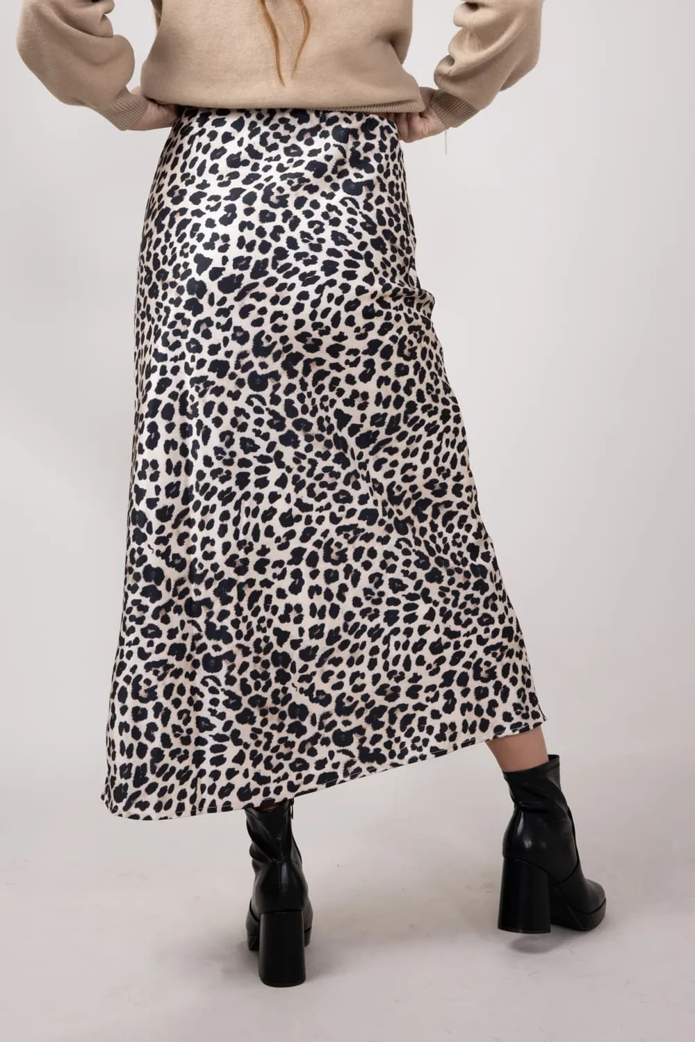 Satin Leopard Print Midi Skirt for Women in Animal Print | MAS3022-LEOPARD