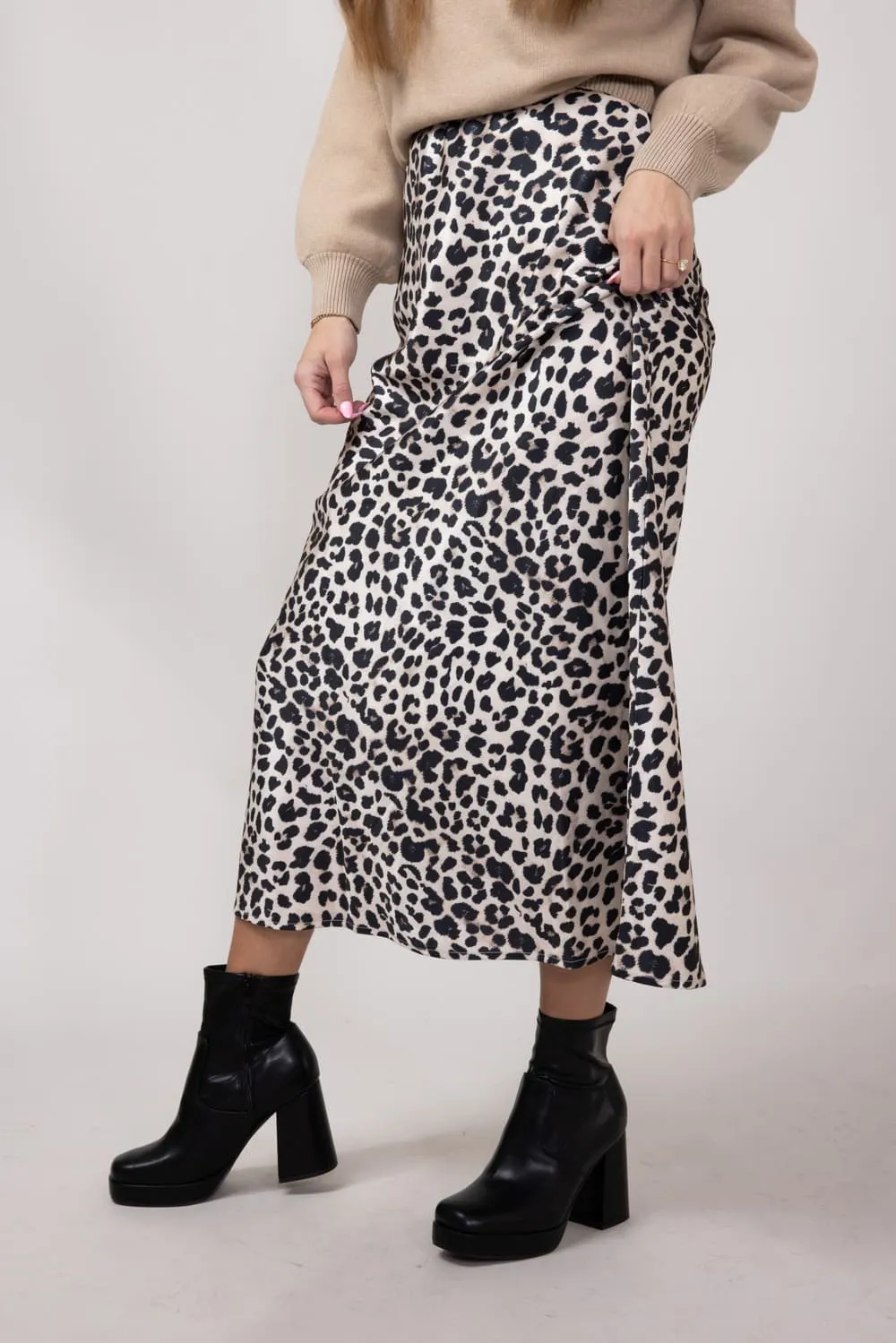 Satin Leopard Print Midi Skirt for Women in Animal Print | MAS3022-LEOPARD